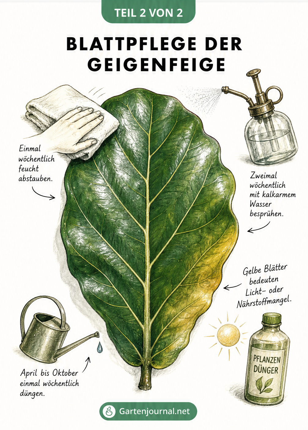Detailzeichnung eines Geigenfeigenblattes mit Tipps zum Abstauben, Besprühen und Düngen