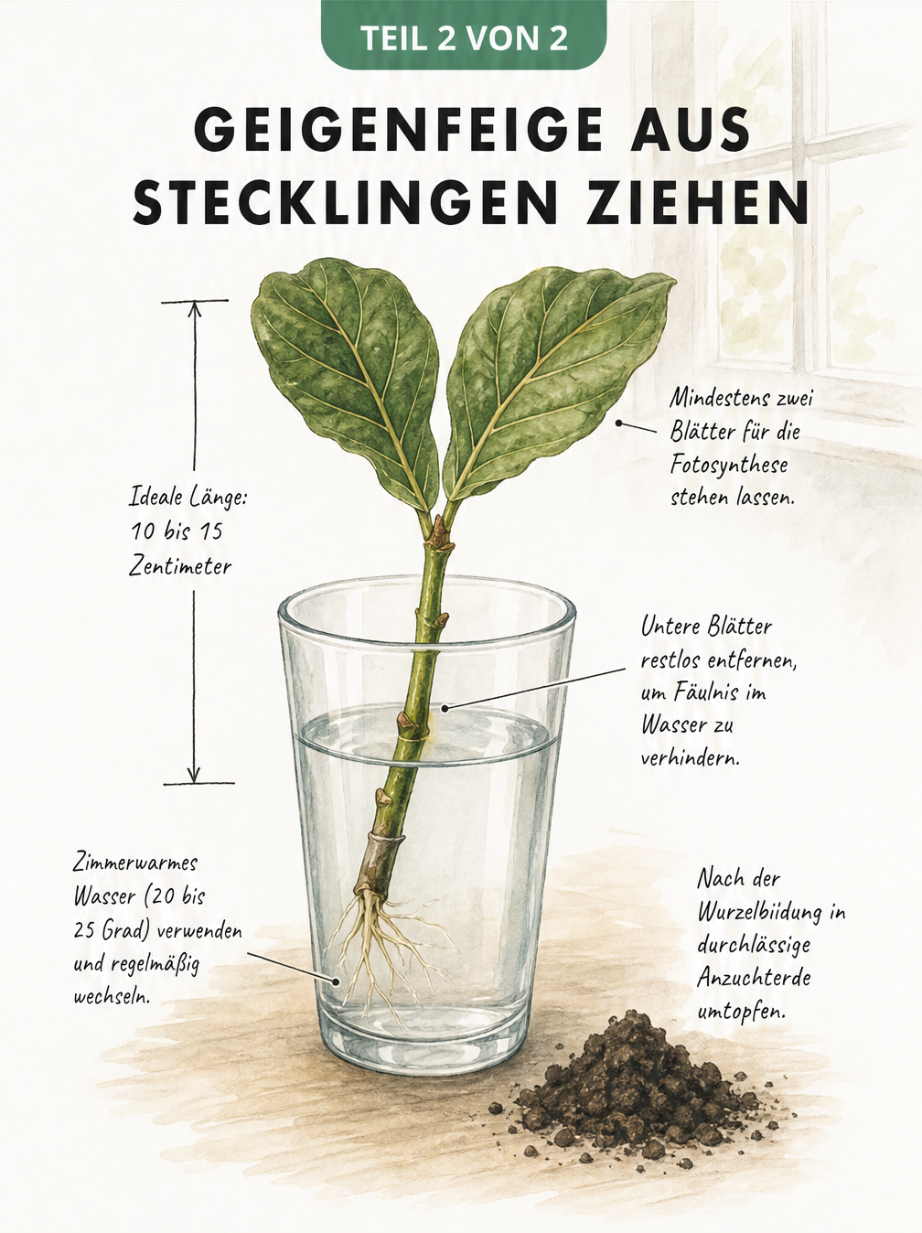 Aquarell-Zeichnung eines Geigenfeigen-Stecklings mit Wurzeln in einem Wasserglas