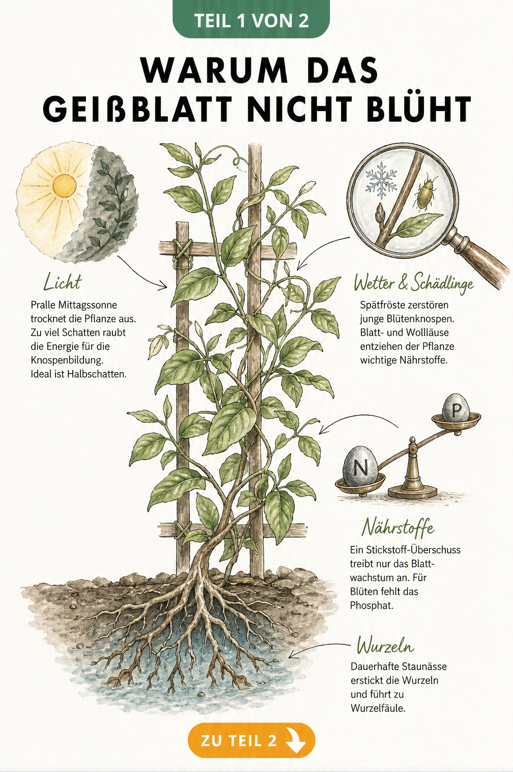 Botanische Illustration eines Geißblatts ohne Blüten, die Ursachen wie Lichtmangel, Frost, Schädlinge, Nährstoffungleichgewicht und Wurzelfäule zeigt.