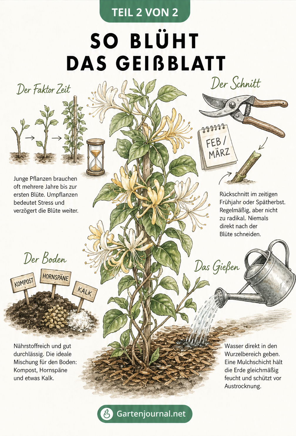 Illustration eines blühenden Geißblatts mit Pflegetipps zu Rückschnitt, Geduld bei jungen Pflanzen, Bodenbeschaffenheit und richtigem Gießen.