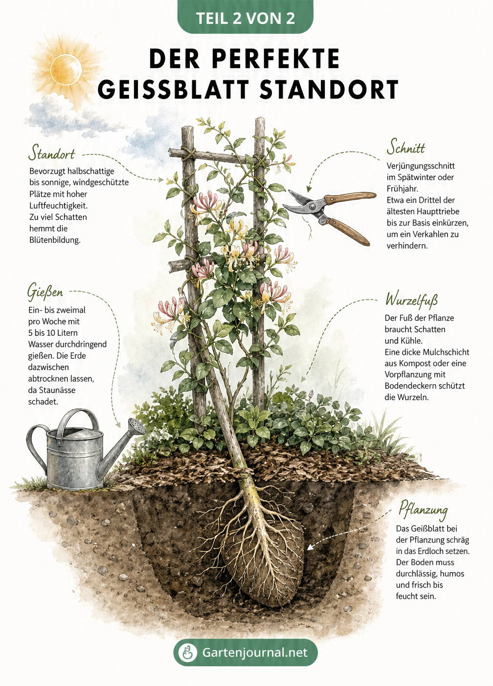 Querschnitt-Illustration eines gepflanzten Geißblatts mit Hinweisen zu Standort, Boden, Gießen und Rückschnitt