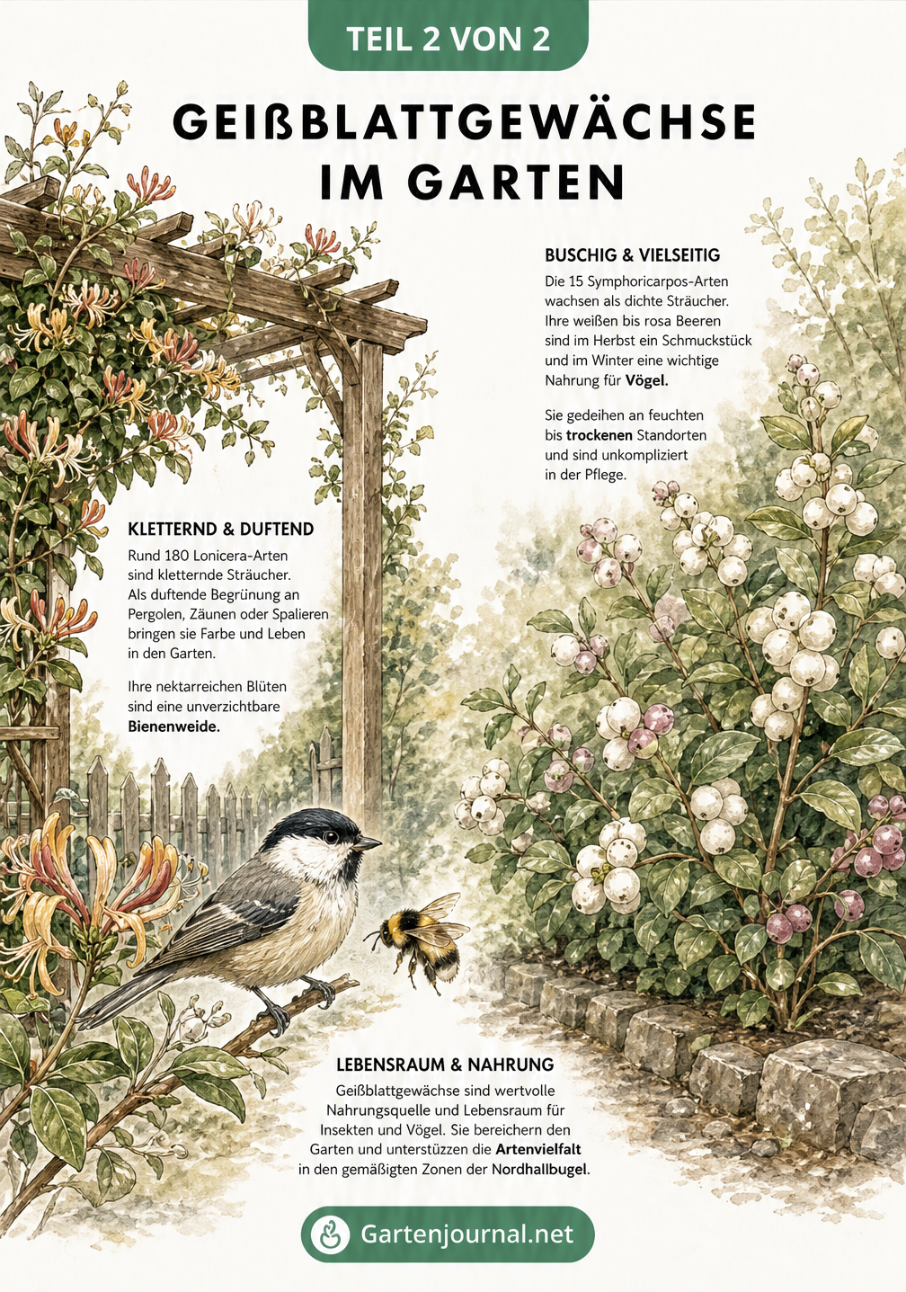 Illustration einer Gartenszene mit kletterndem Feuer-Geißblatt an einer Pergola und buschiger Schneebeere, ergänzt durch Vogel und Wildbiene