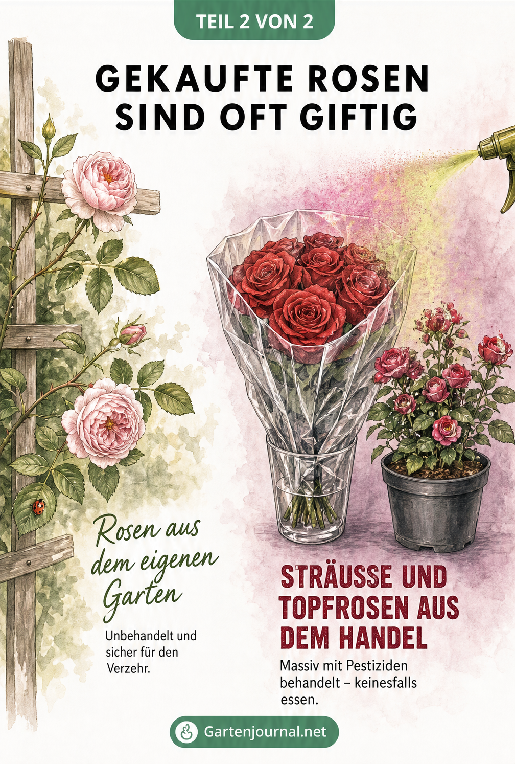 Vergleich zwischen einer unbehandelten Gartenrose und einem mit Pestiziden besprühten Rosenstrauß aus dem Handel