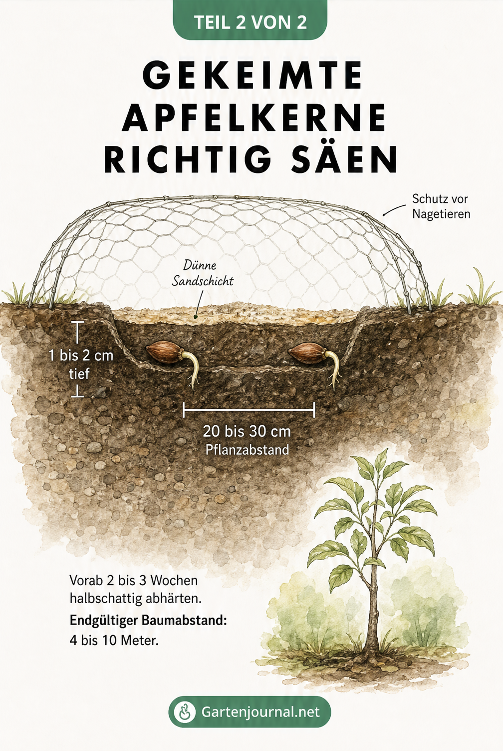 Querschnitt eines Gartenbeets, der zeigt, wie tief und in welchem Abstand gekeimte Apfelkerne gesät werden.