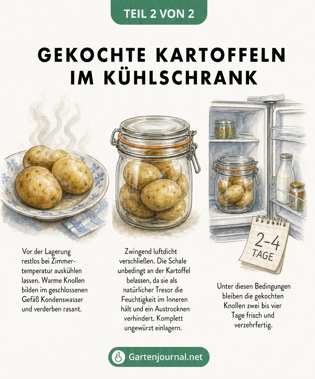 Aquarell-Illustration von gekochten Kartoffeln, die abkühlen, in einem Glasbehälter verpackt und im Kühlschrank gelagert werden