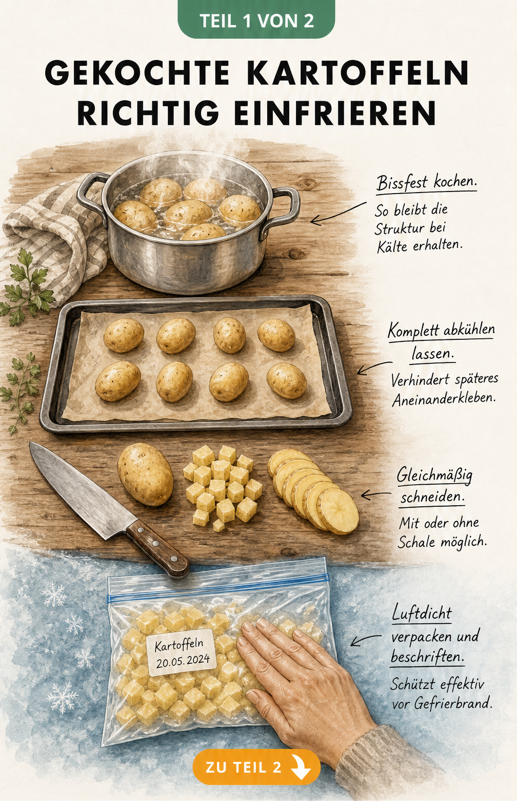 Illustration zum Einfrieren von gekochten Kartoffeln: Bissfest kochen, abkühlen lassen, schneiden und luftdicht verpacken.
