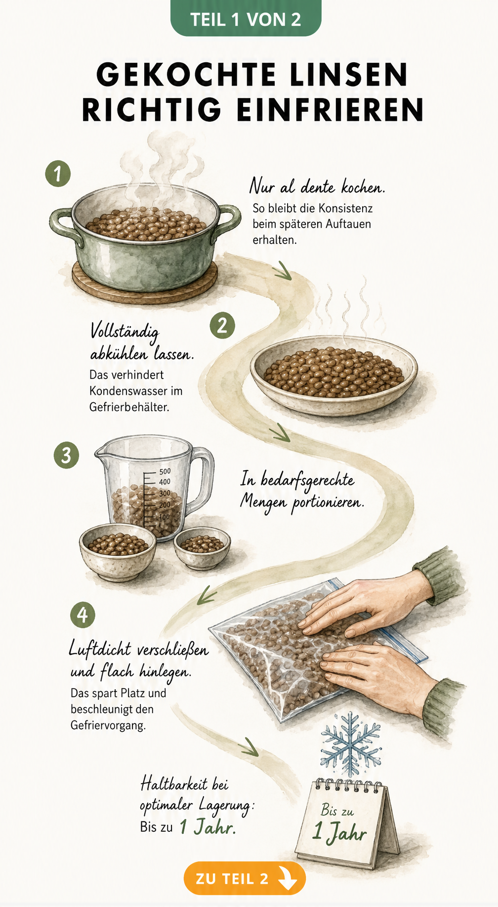 Illustration der Arbeitsschritte zum Einfrieren gekochter Linsen: al dente kochen, abkühlen lassen, portionieren und luftdicht verschließen.