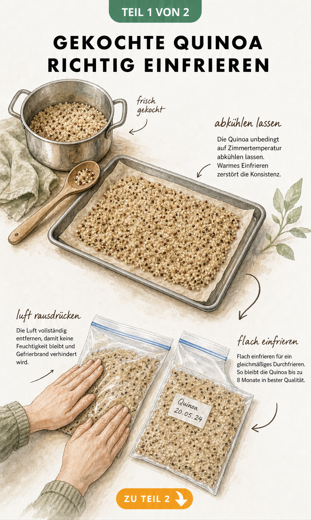 Illustration: Gekochte Quinoa auf einem Backblech abkühlen lassen und flach in Gefrierbeuteln einfrieren