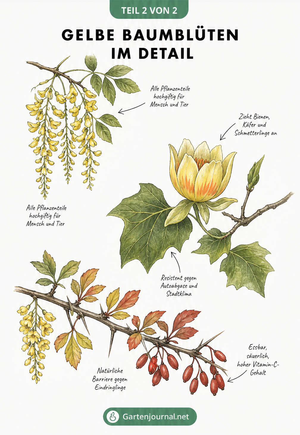 Botanische Detailzeichnung von Zweigen, Blättern und Blüten des Goldregens, Tulpenbaums und der Berberitze.