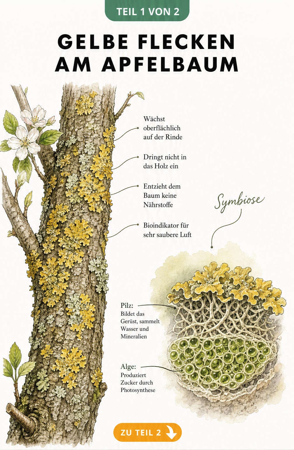Botanische Illustration eines Apfelbaumstamms mit gelben Flechten, die die Symbiose aus Alge und Pilz zeigt.