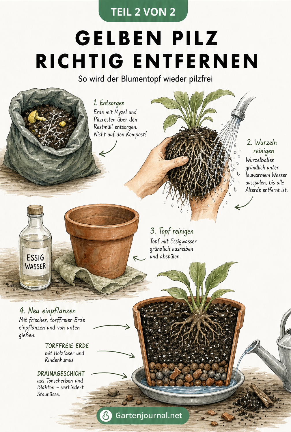 Illustration der Schritte zum Entfernen eines gelben Pilzes: alte Erde entsorgen, Wurzeln abwaschen, Topf reinigen und mit frischer Erde neu bepflanzen.