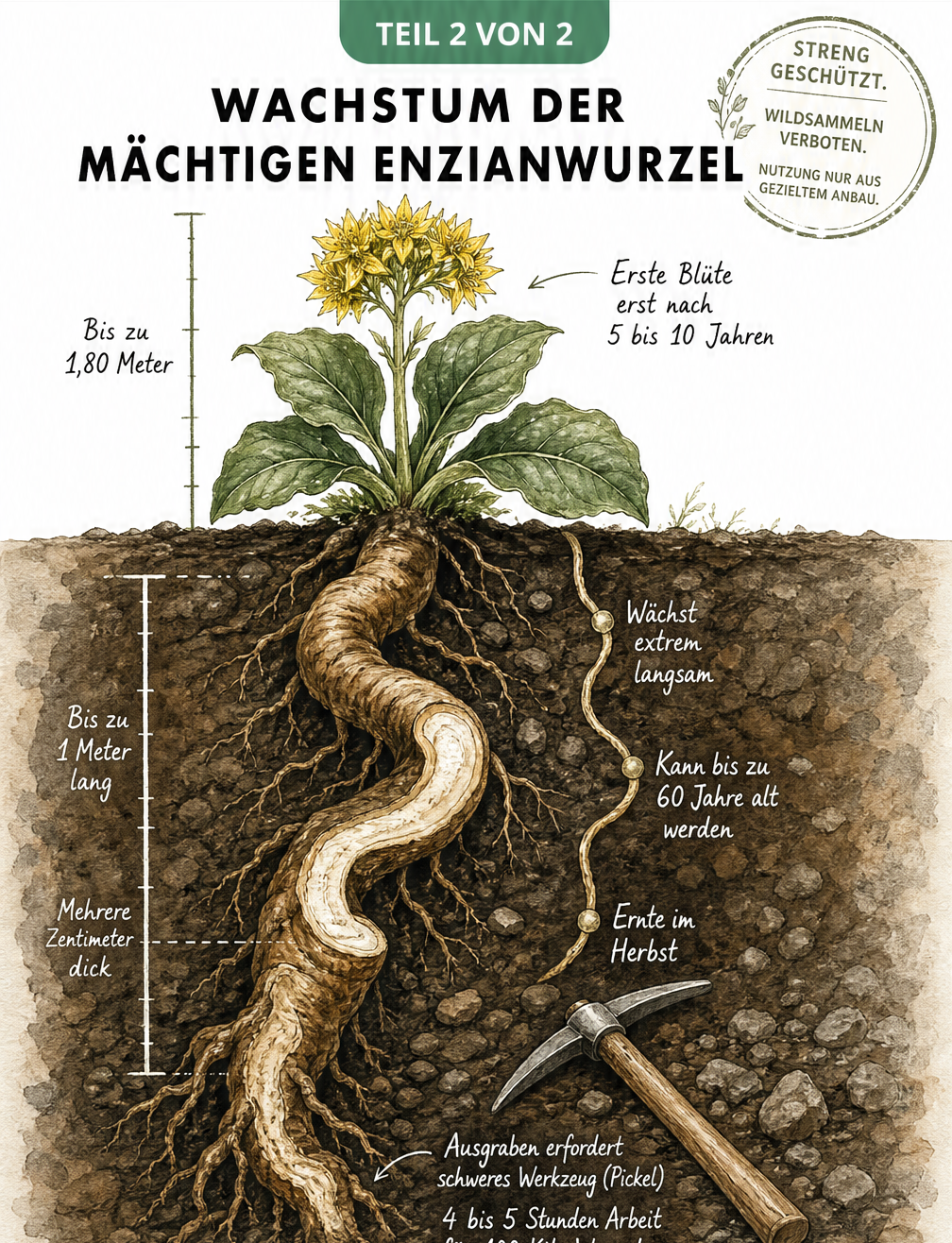 Querschnitt-Illustration des Gelben Enzians mit Fokus auf die tiefe Wurzel und das langsame Wachstum