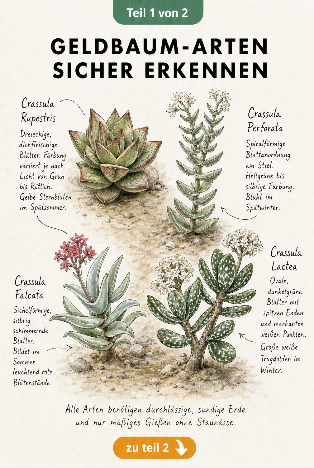 Botanische Zeichnung von vier Geldbaum-Arten: Crassula Rupestris, Perforata, Falcata und Lactea mit ihren spezifischen Blattformen und Pflegehinweisen.
