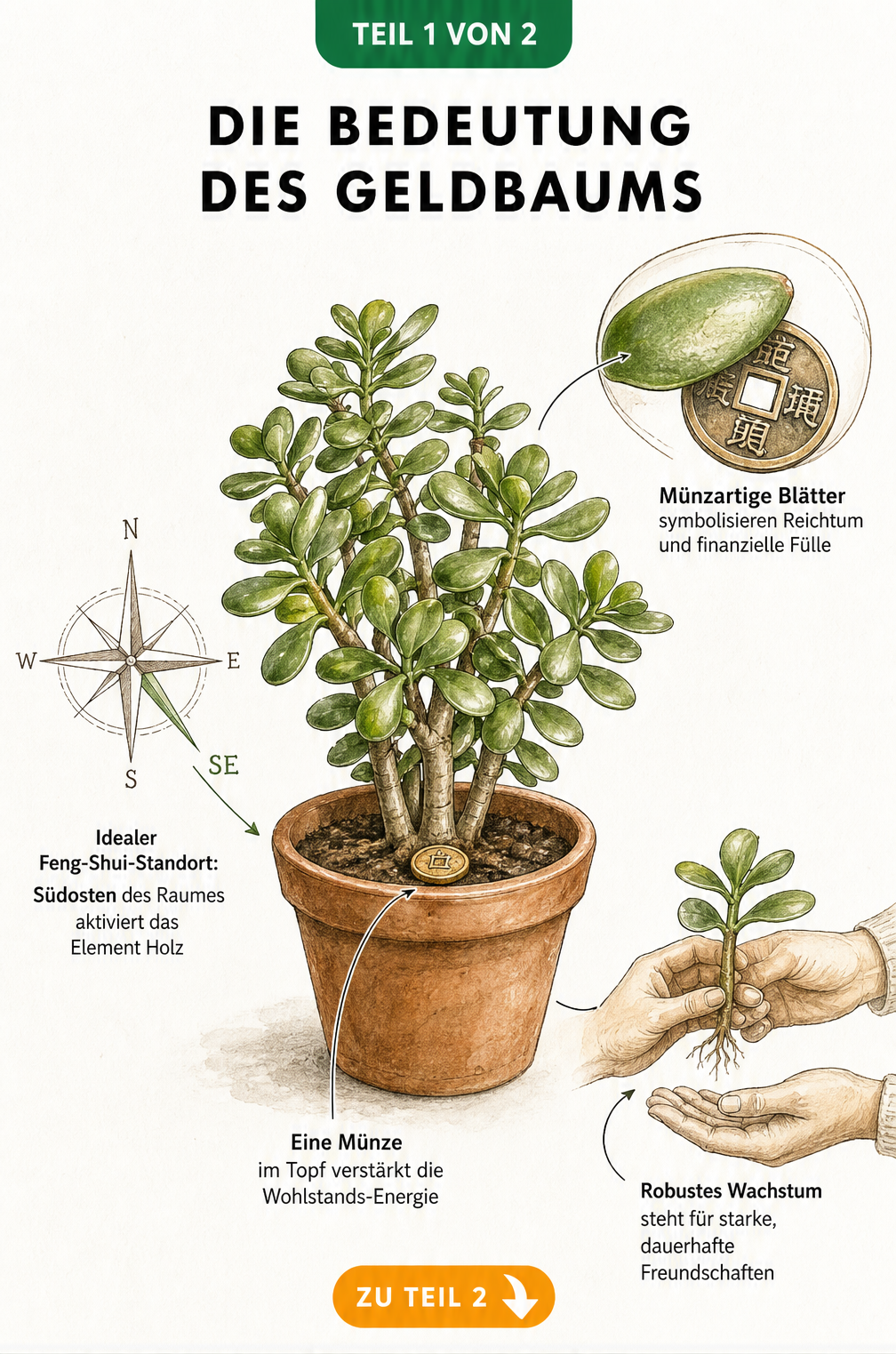Botanische Illustration eines Geldbaums im Terrakotta-Topf mit Münze auf der Erde und Kompassrose, die den Südosten markiert.