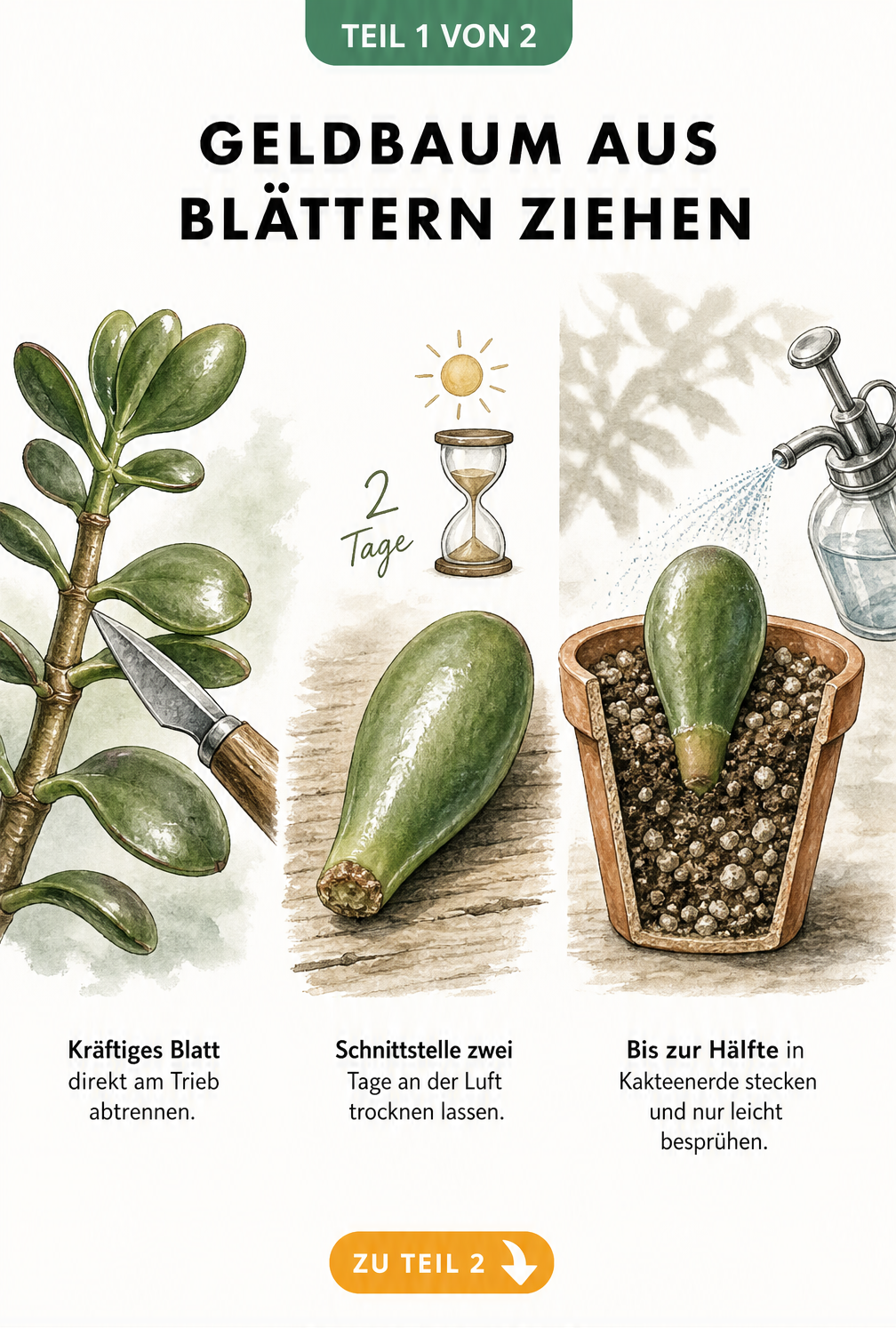Illustration: Ein Geldbaum-Blatt wird abgetrennt, getrocknet und in Kakteenerde gesteckt.
