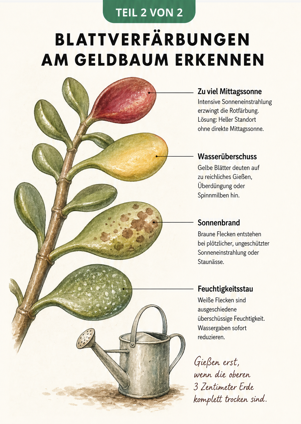 Zeichnung eines Geldbaum-Zweigs mit roten, gelben, braunen und weißen Blattverfärbungen