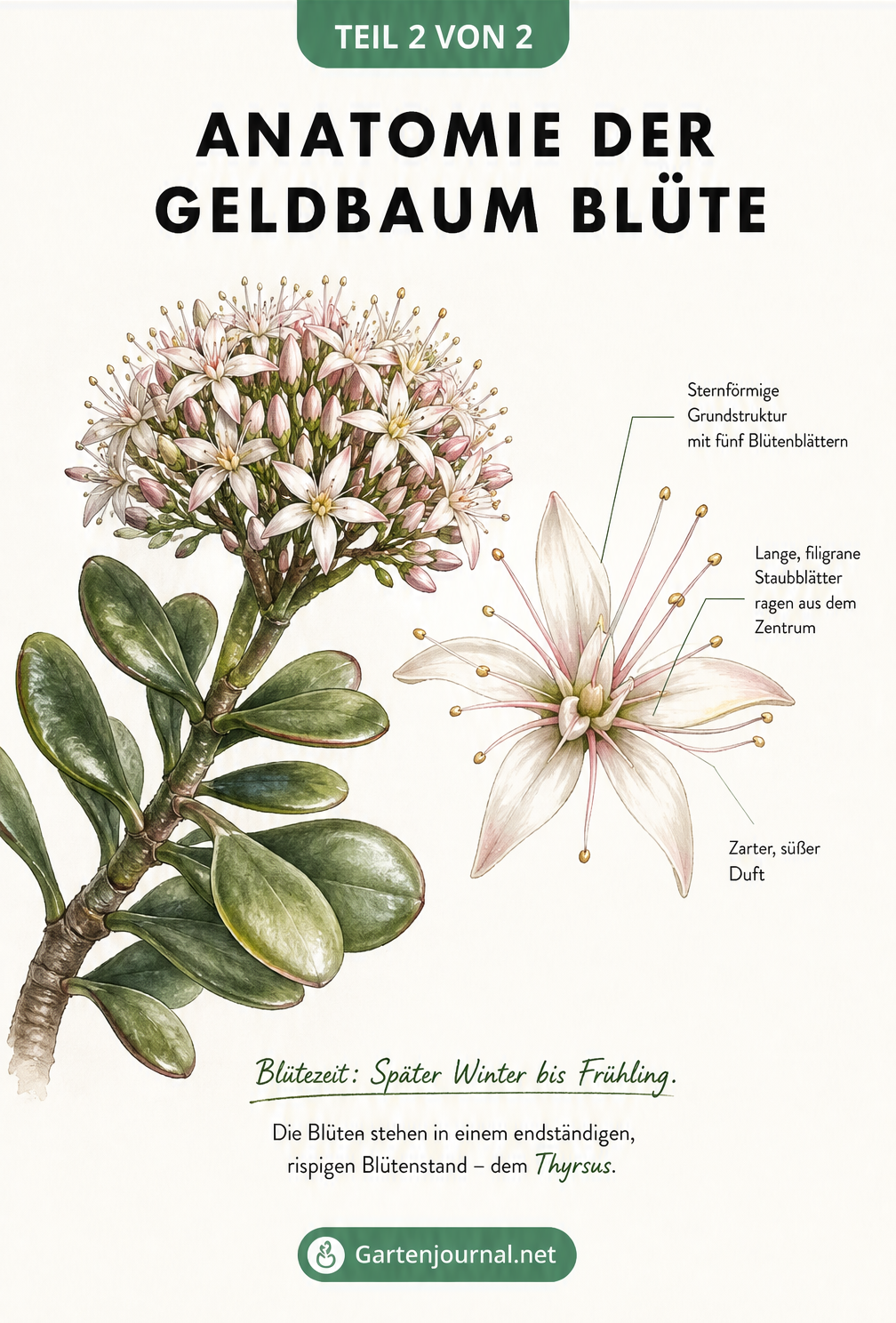 Botanische Illustration eines Geldbaum-Zweigs mit weißen und rosa Blüten sowie einer Detailansicht der sternförmigen Blüte und Staubblätter.