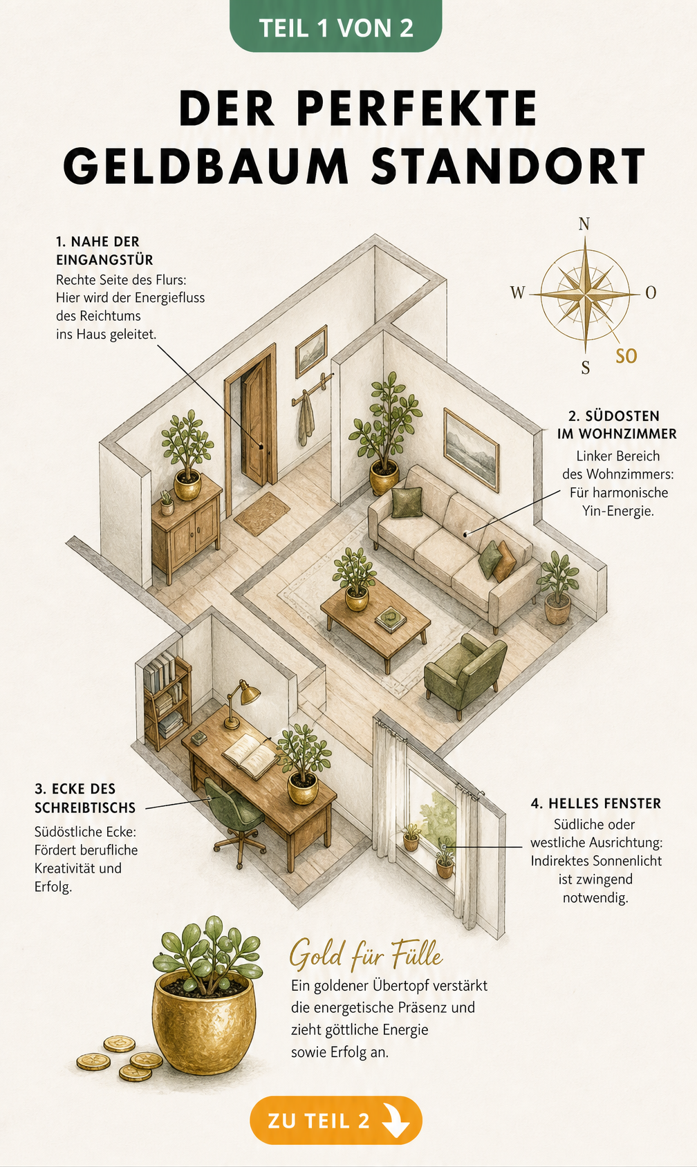 Isometrische Raumskizze mit Feng Shui Standorten für den Geldbaum und goldenem Übertopf