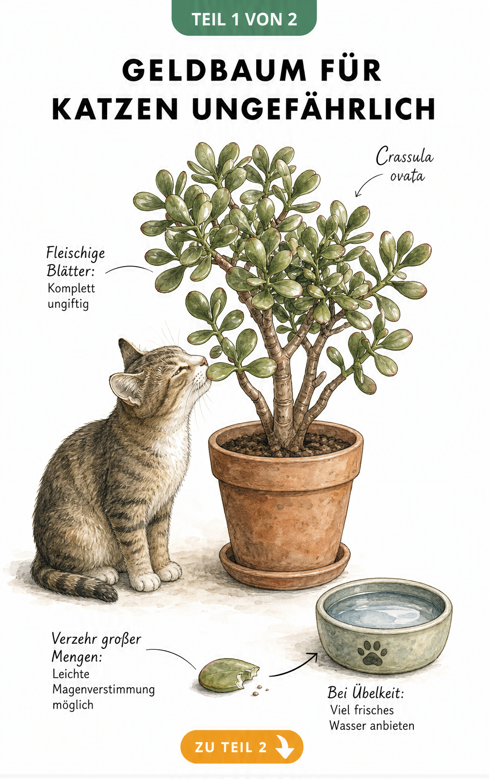 Illustration eines Geldbaums im Tontopf mit einer Katze, die an einem Zweig schnuppert, und Hinweisen zur Ungiftigkeit.