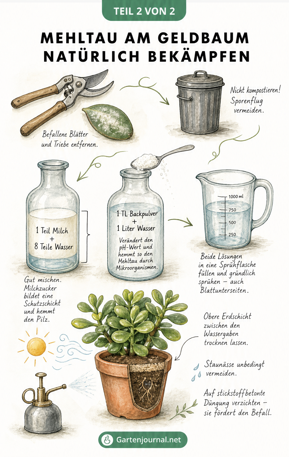 Illustration zur natürlichen Bekämpfung von Mehltau am Geldbaum: Gartenschere mit befallenem Blatt, Apothekerflaschen mit Milch-Wasser-Gemisch und...