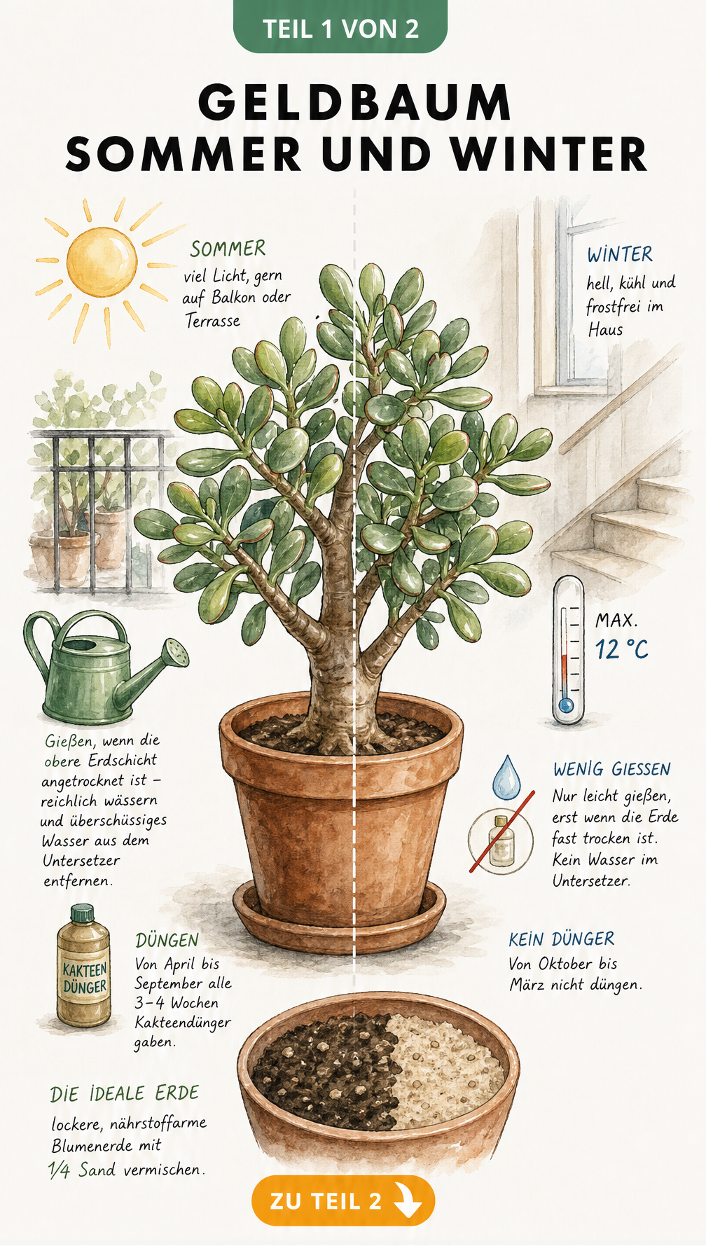 Illustration eines Geldbaums, die Pflegebedingungen für Sommer und Winter vergleicht