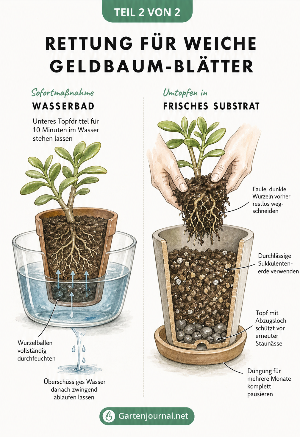 Zwei Schnittbild-Illustrationen zur Rettung eines Geldbaums: Ein Wasserbad bei Trockenheit und das Umtopfen in frisches Substrat bei Staunässe.