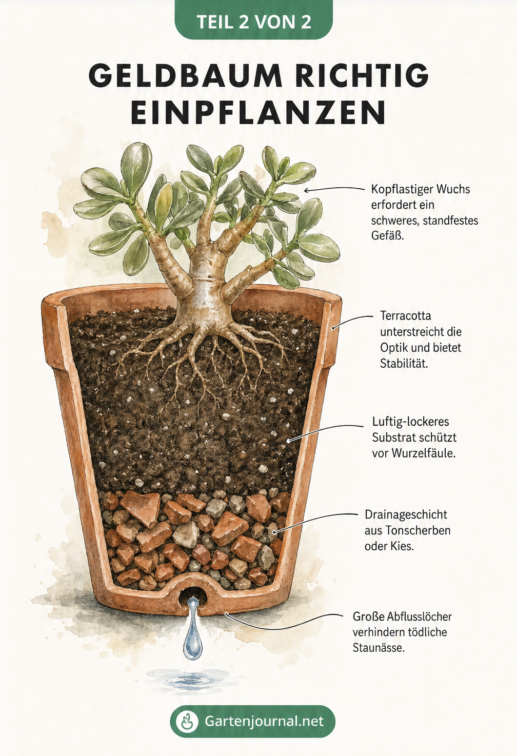 Schnittbild eines bepflanzten Terracotta-Topfes, das den Schichtaufbau mit Drainageschicht und lockerem Substrat für den Geldbaum zeigt.