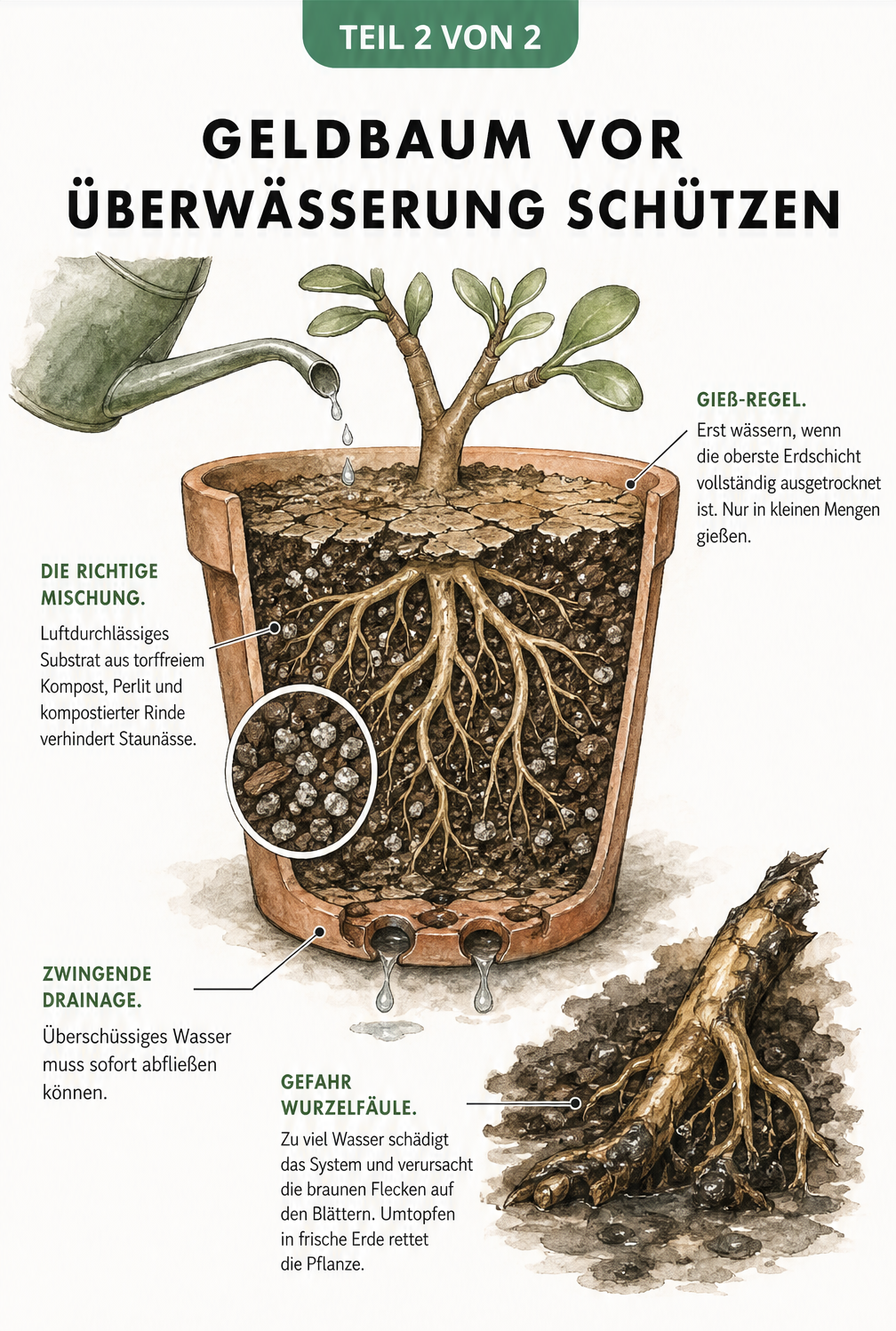 Schnittzeichnung eines bepflanzten Terrakotta-Topfes, die die richtige Erdschichtung und Drainage für einen Geldbaum zeigt