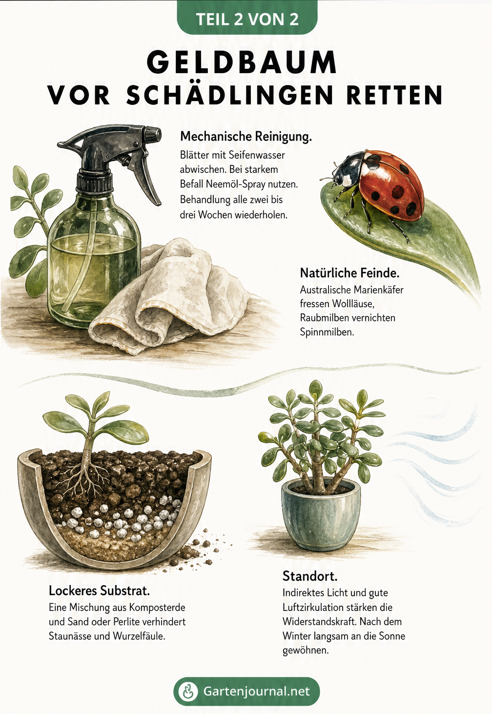 Illustration zur Bekämpfung von Geldbaum-Schädlingen mit Seifenwasser, Neemöl, Marienkäfern sowie Tipps zu Substrat und Standort