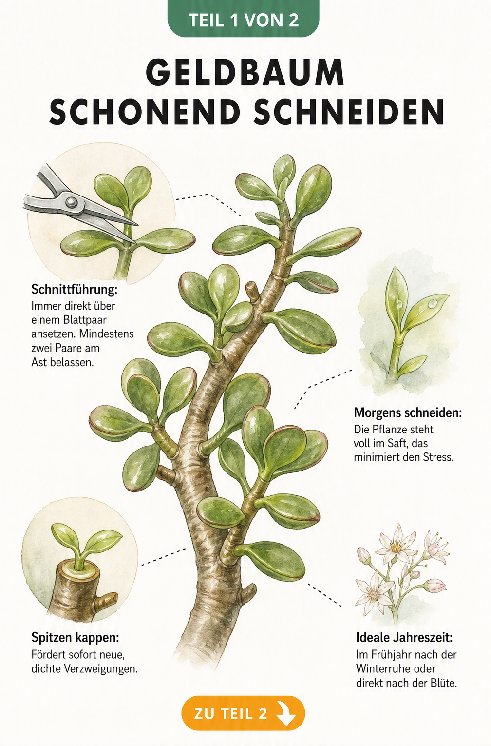 Illustration eines Geldbaum-Astes mit Schere, die über einem Blattpaar ansetzt, sowie Hinweisen zu Schnittzeitpunkt und Tageszeit.