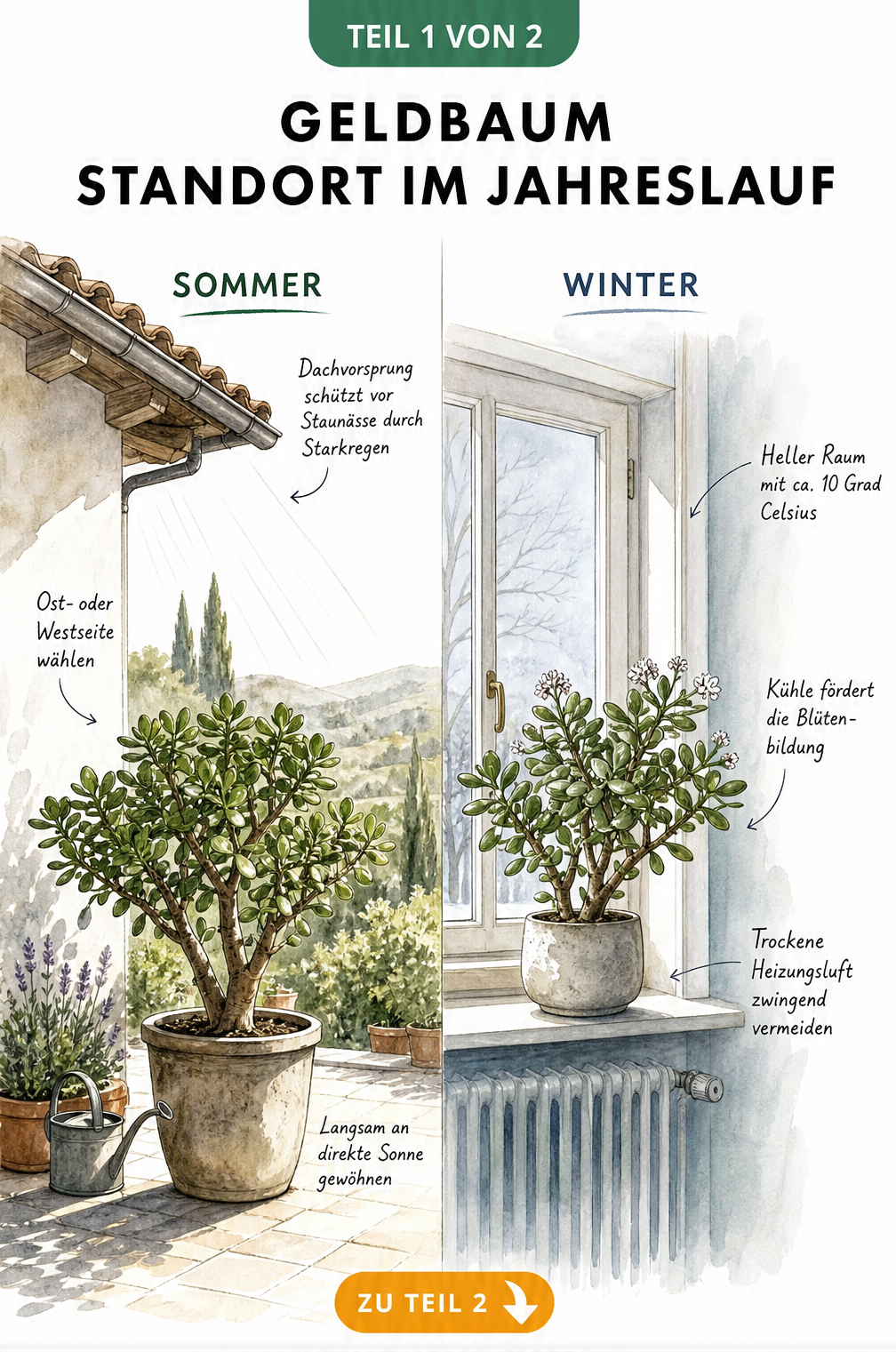 Aquarellskizze eines Geldbaums im Sommer auf der Terrasse und im Winter im kühlen Treppenhaus