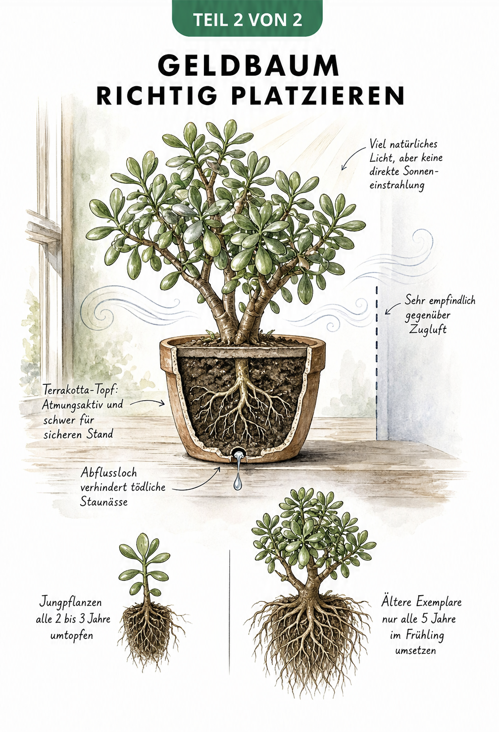 Botanische Illustration eines Geldbaums im Terrakotta-Topf mit Schnittzeichnung des Abflusslochs