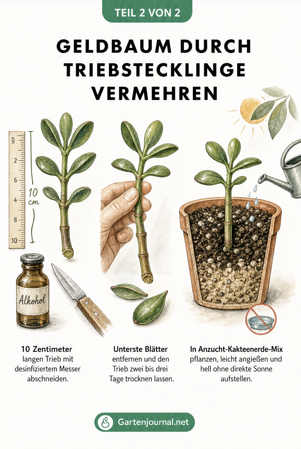 Illustration: Ein Geldbaum-Trieb wird abgeschnitten, die unteren Blätter entfernt und in Erde gepflanzt.