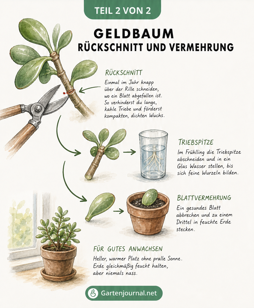 Skizze zur Vermehrung und zum Rückschnitt des Geldbaums durch Stecklinge und Blätter