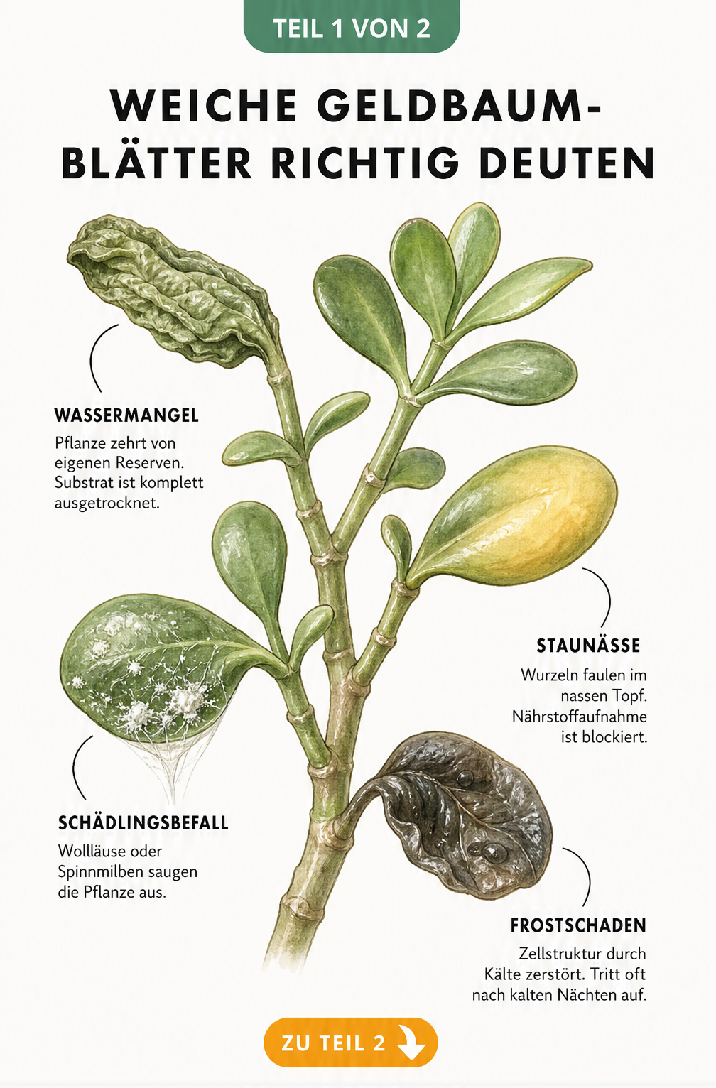 Botanische Illustration eines Geldbaum-Zweiges, die vier Ursachen für weiche Blätter zeigt: Wassermangel, Staunässe, Schädlingsbefall und Frostschaden.