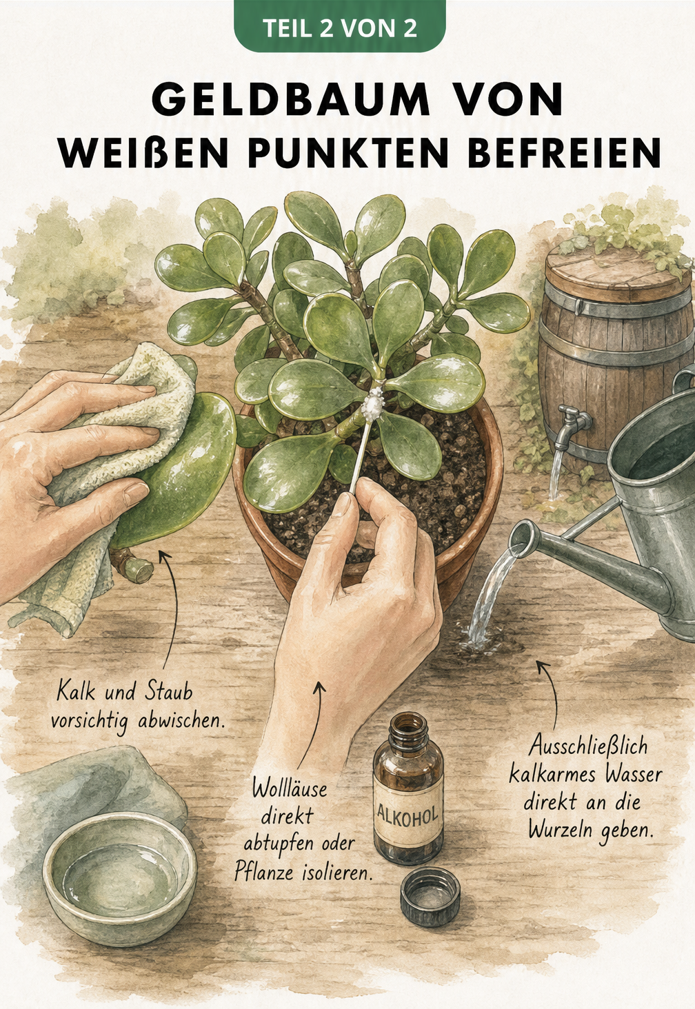Illustration zur Pflege eines Geldbaums: Blätter abwischen, Wollläuse mit Alkohol abtupfen und mit kalkarmem Wasser gießen