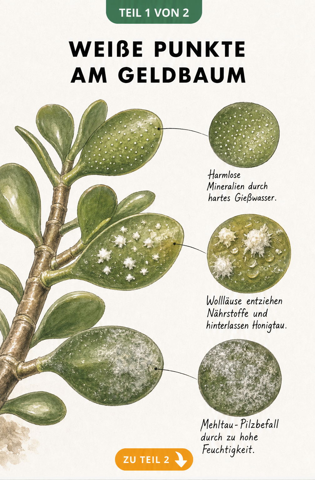 Botanische Illustration eines Geldbaum-Zweigs mit Detailansichten von weißen Punkten durch Kalk, Wollläuse und Mehltau