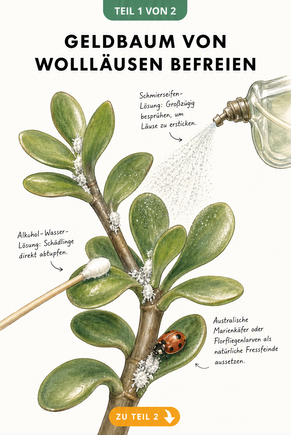 Illustration eines Geldbaum-Zweigs mit Wollläusen, die mit Wattestäbchen, Schmierseife und Marienkäfern bekämpft werden