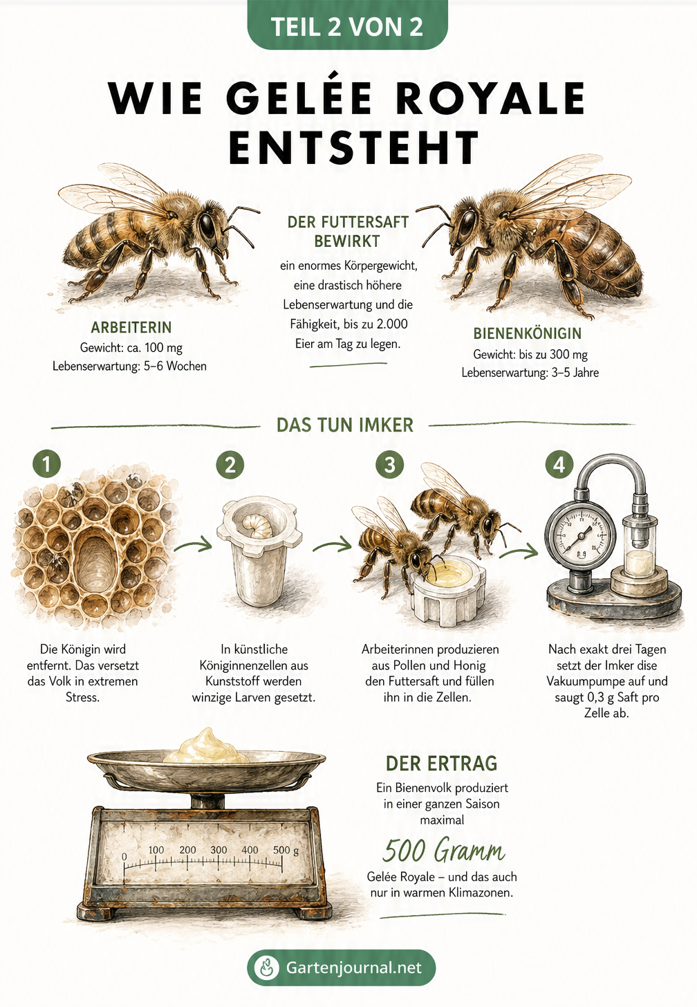 Kupferstich-Illustration zur Entstehung von Gelee Royale, von der Bienenkönigin bis zur Ernte durch den Imker