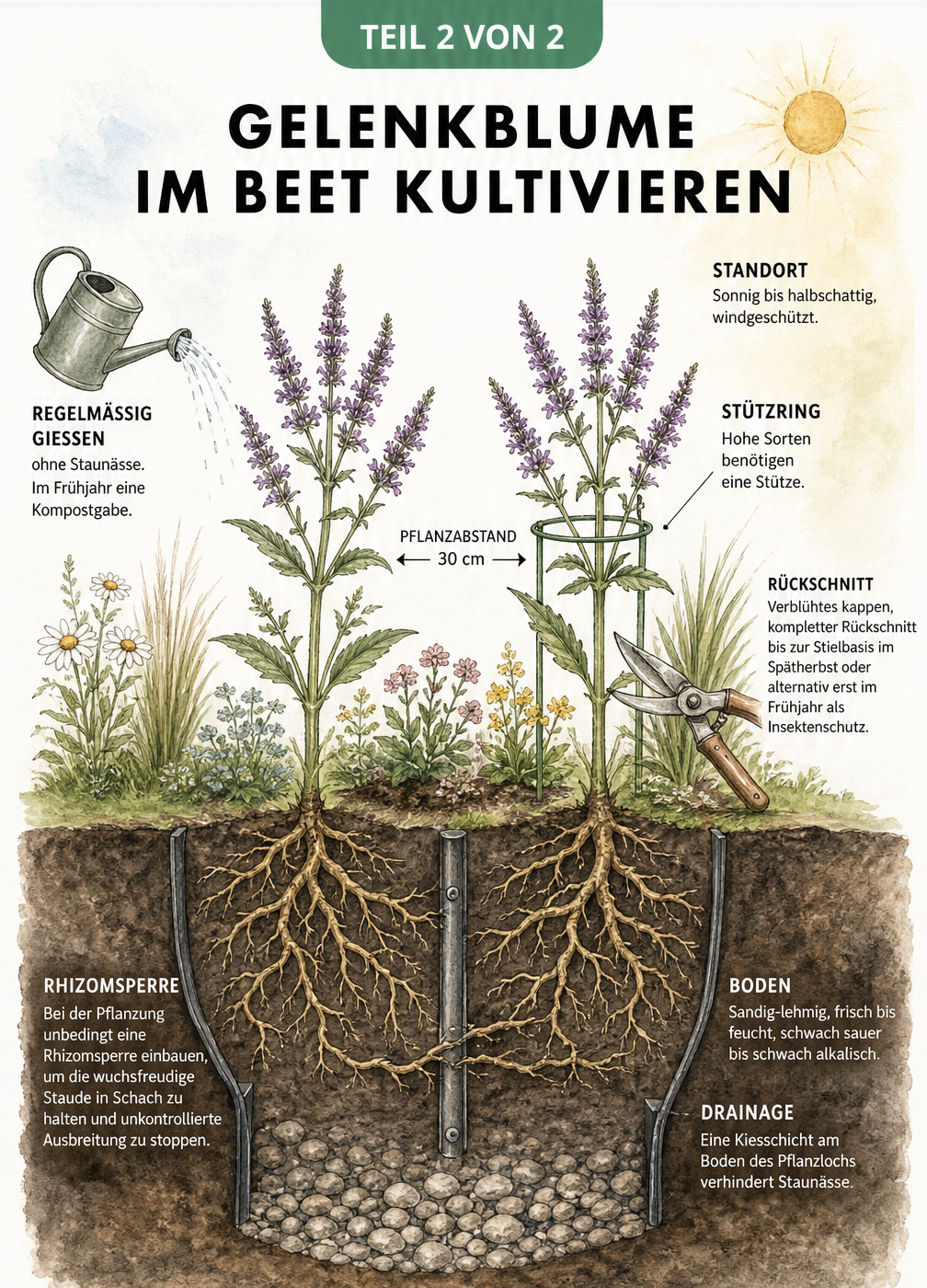 Querschnitt eines Gartenbeets mit Gelenkblumen, Rhizomsperre, Pflanzabstand und Pflegehinweisen