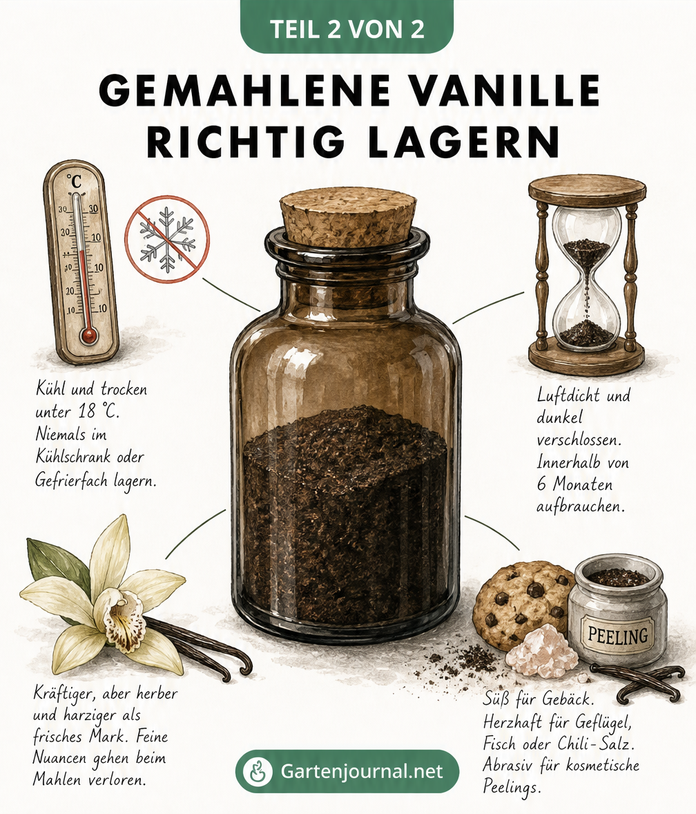 Apothekerglas mit gemahlener Vanille und Tipps zu Lagerklima, Haltbarkeit und Verwendung