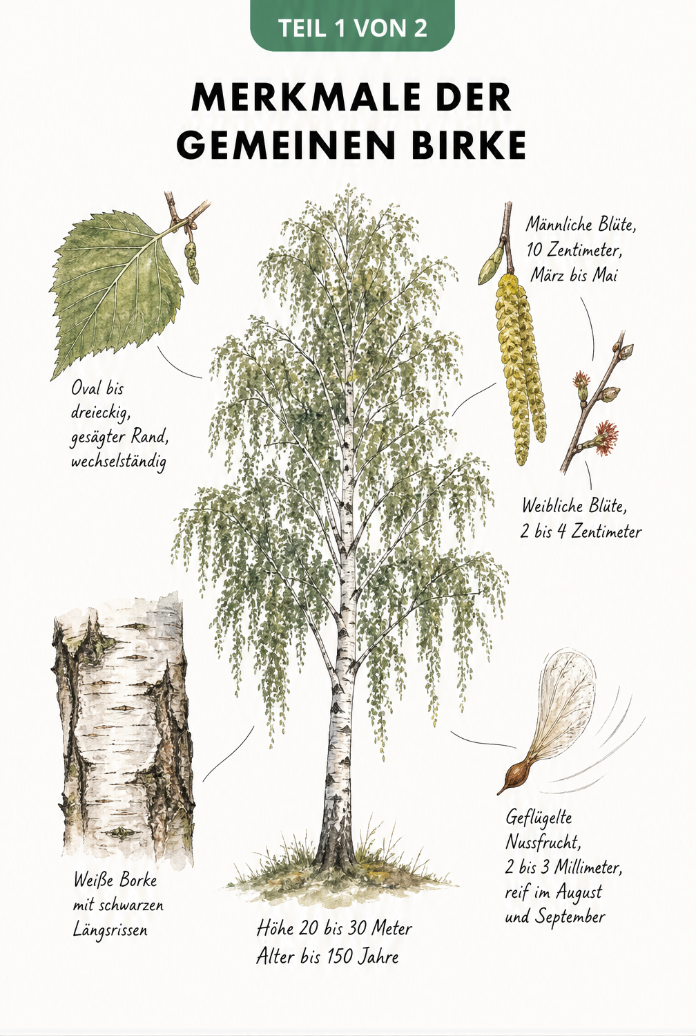Botanische Illustration der Gemeinen Birke mit Details zu Blättern, Blüten, Rinde und Samen