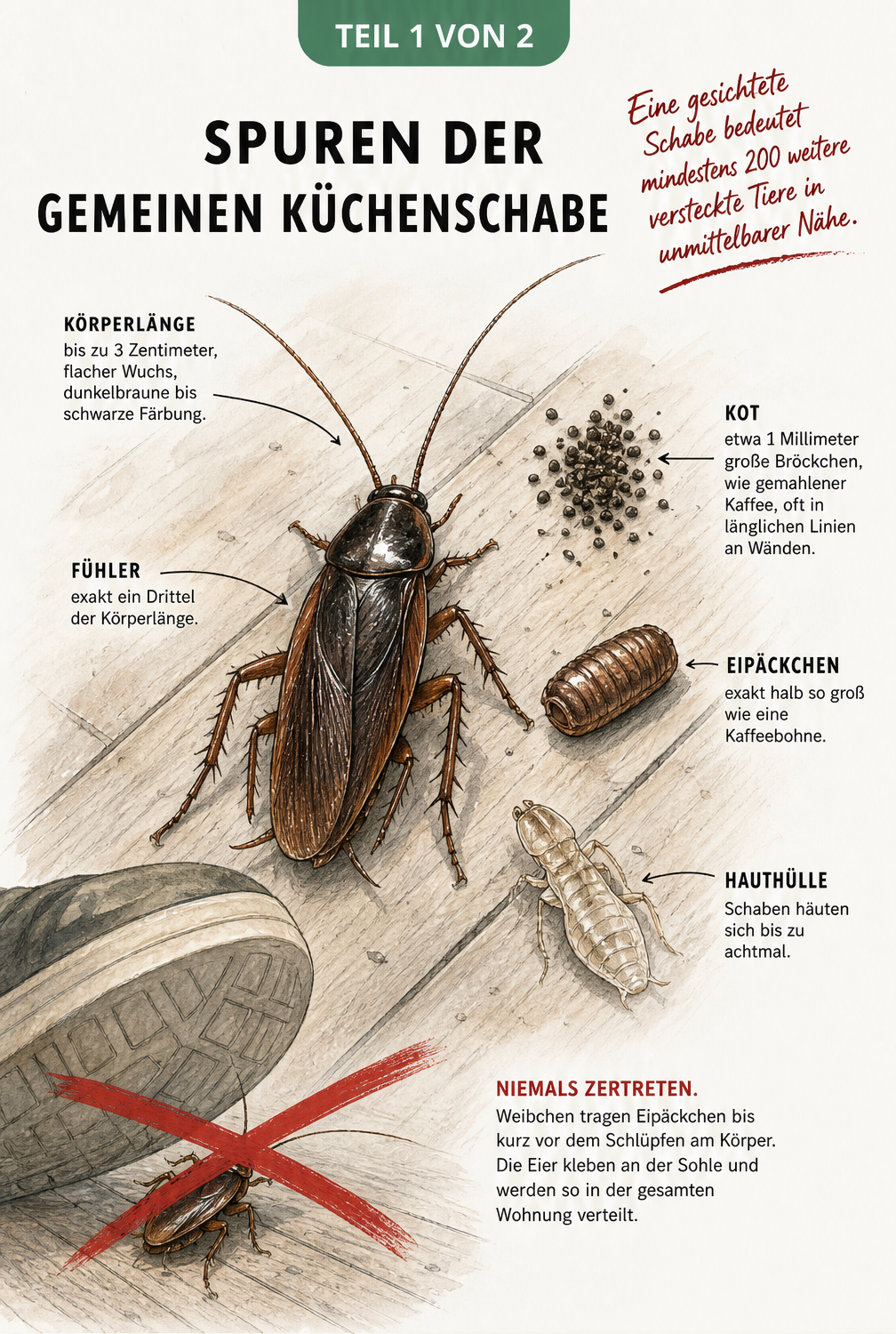 Anatomische Illustration der Gemeinen Küchenschabe mit typischen Spuren wie Kot, Eipäckchen und Hauthüllen auf einem Dielenboden.