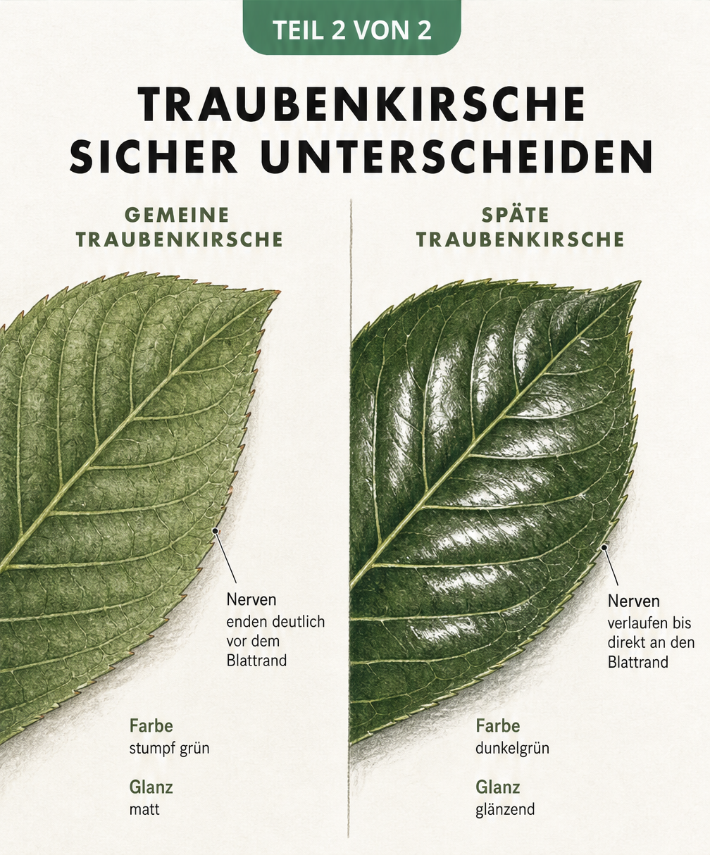 Gegenüberstellung der Blätter von Gemeiner und Später Traubenkirsche mit Fokus auf den Verlauf der Blattnerven