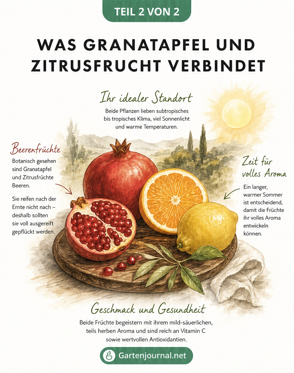Mediterranes Arrangement mit Granatapfel, Orange und Zitrone auf einem Holzbrett