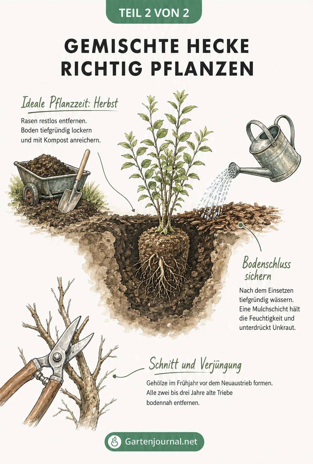 Illustration zum Pflanzen einer Hecke mit Bodenvorbereitung, Wässern, Mulchen und Rückschnitt
