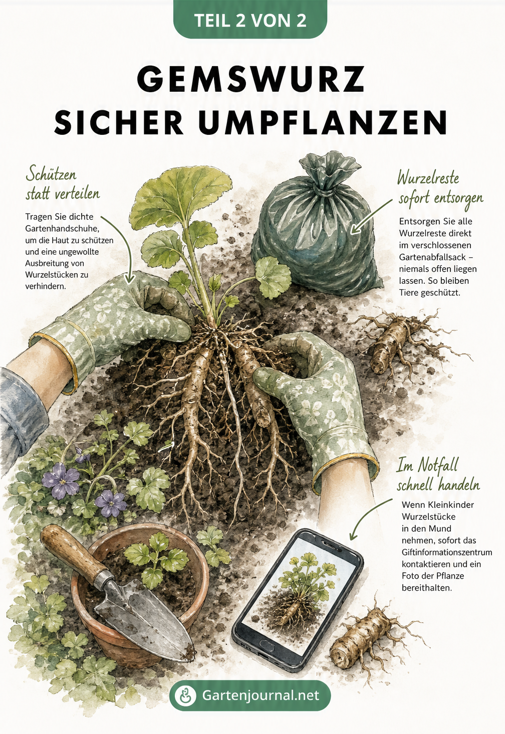 Illustration von Händen mit Gartenhandschuhen, die einen Gemswurz-Wurzelballen teilen, mit Hinweisen zur sicheren Entsorgung