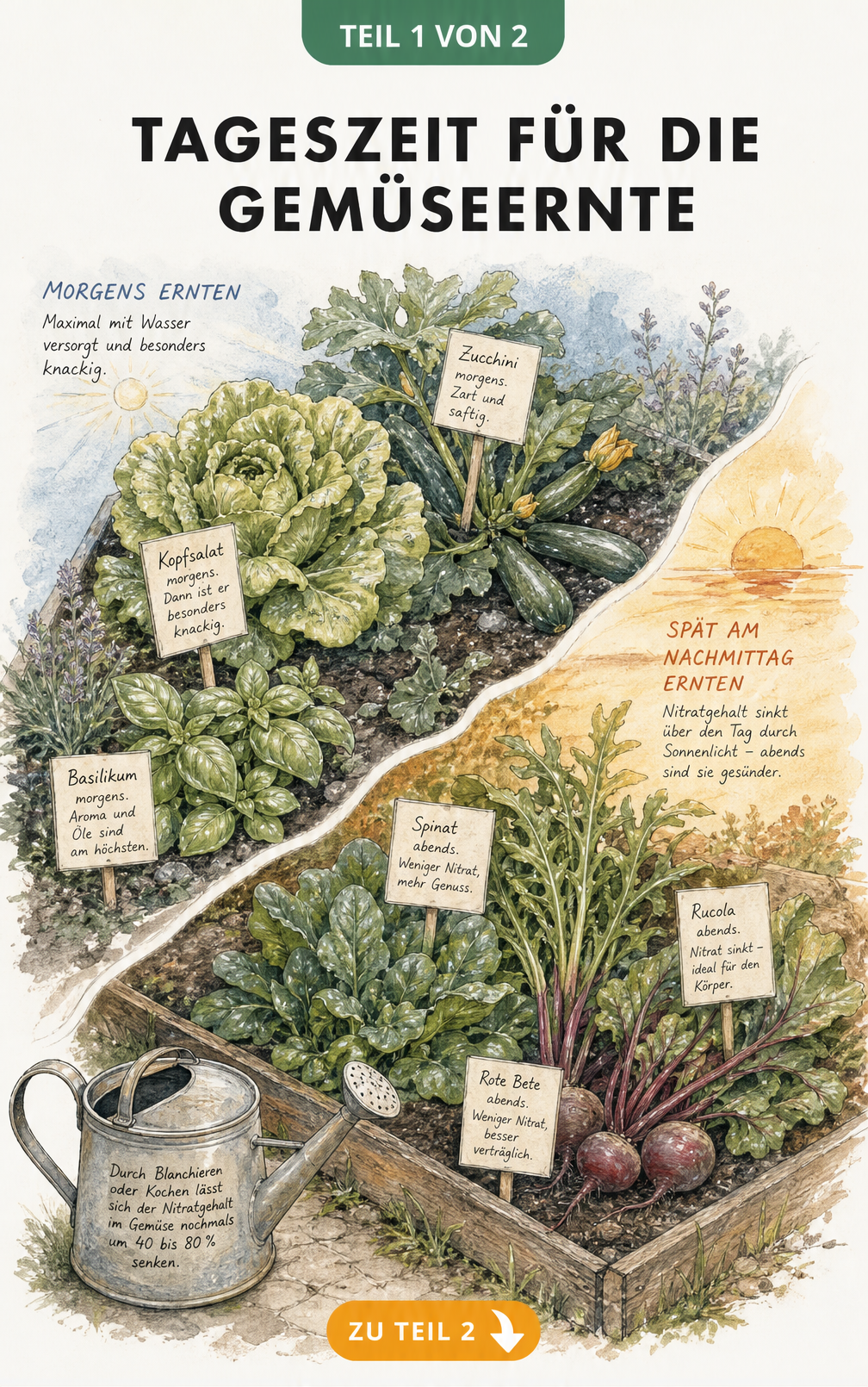 Aquarell-Illustration eines Gartenbeets, das die optimale Tageszeit für die Gemüseernte zeigt: morgens für Salat und Zucchini, abends für Spinat und Rote Bete.