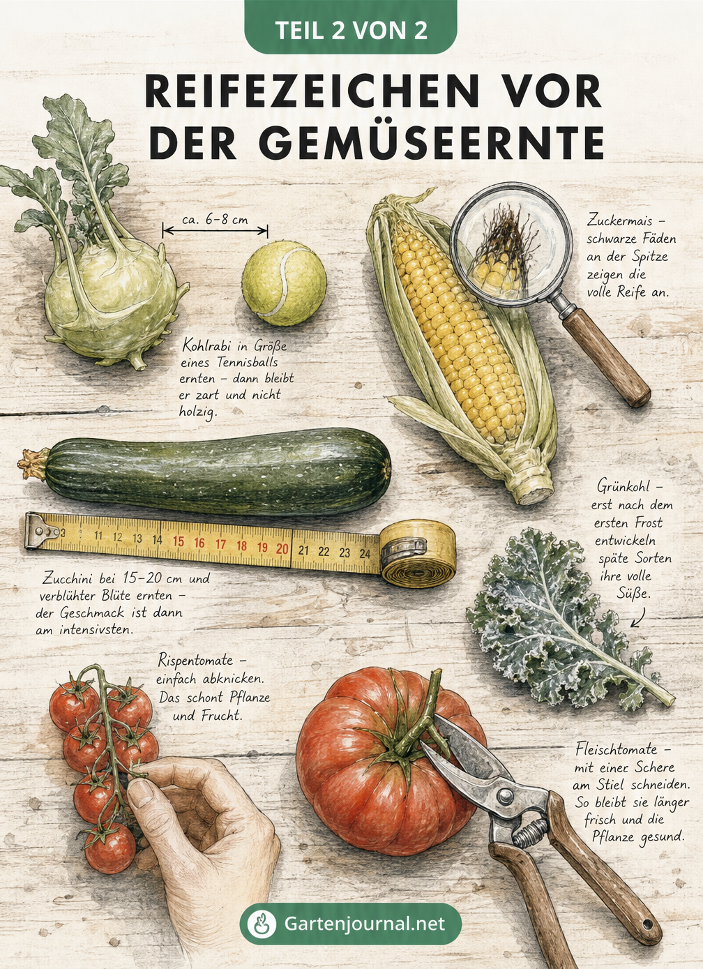 Skizze eines Pflanztisches mit Gemüse und Werkzeugen, die Reifezeichen wie die Größe von Kohlrabi und Zucchini sowie die Erntemethoden für Tomaten erklärt.