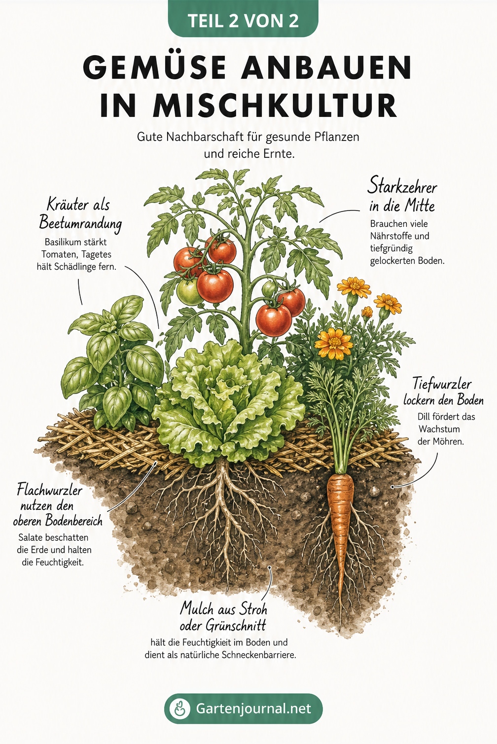 Illustration eines Gemüsebeets in Mischkultur mit Tomaten als Hauptkultur, unterpflanzt mit Salat, umrandet von Basilikum und Studentenblumen sowie Möhren und...